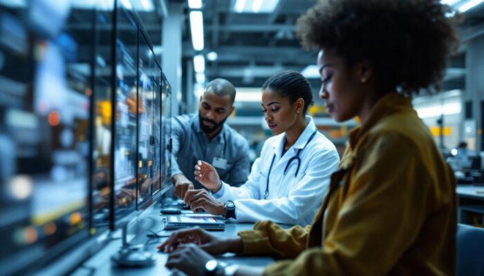 A photograph of capture a photograph of a diverse group of boston medical center employees engaging with industrial robotic technology in a modern healthcare setting