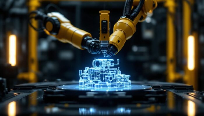 A photograph of a robotic arm conducting a 3d inspection of a complex industrial component