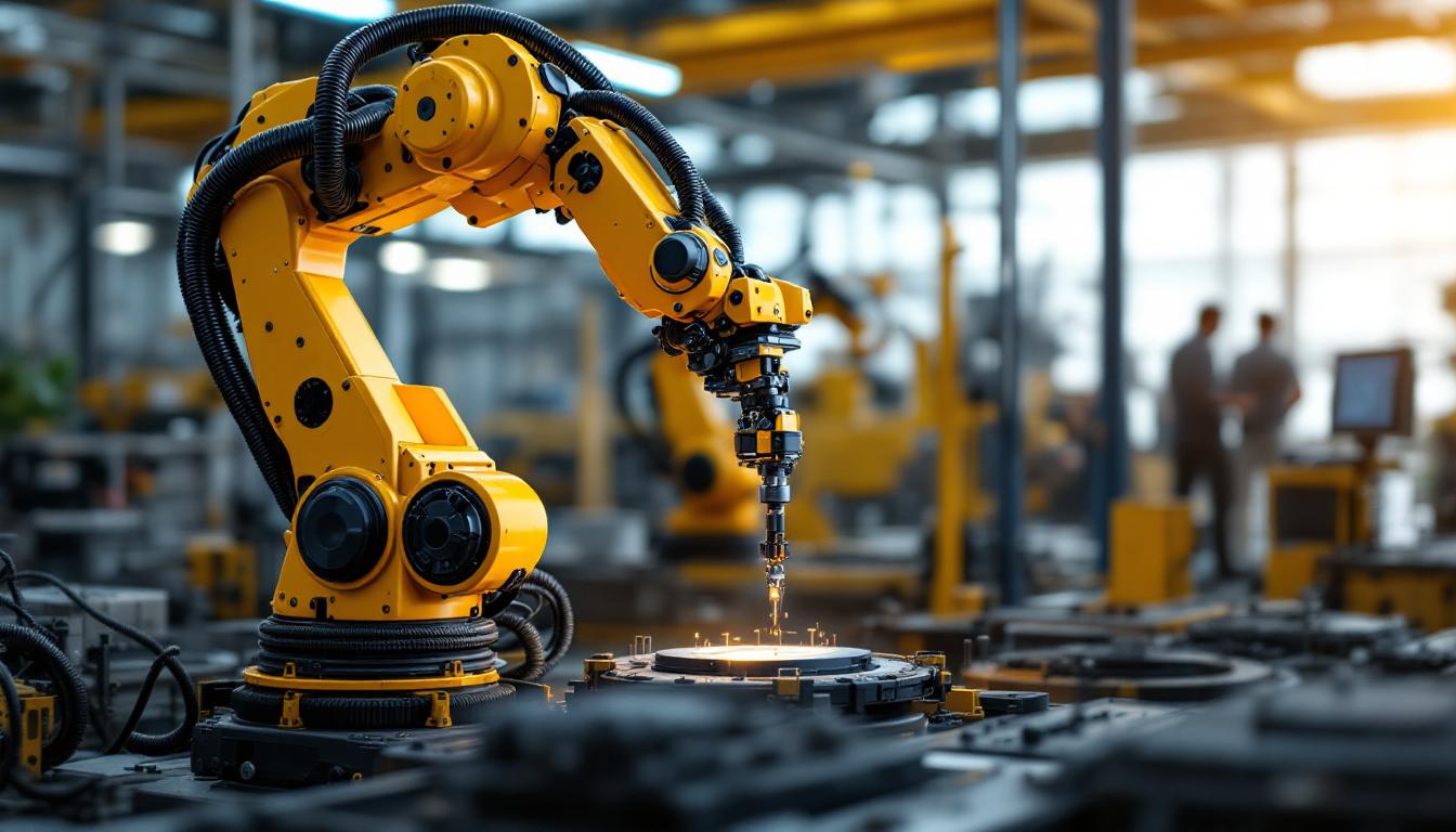 A photograph of a dynamic industrial robotic arm in action