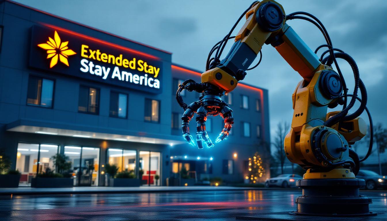 A photograph of a modern extended stay america hotel exterior alongside a high-tech industrial robotic arm in action