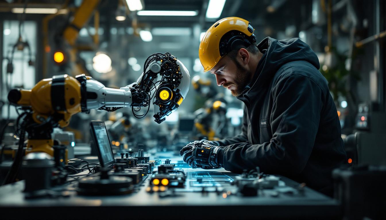 A photograph of a dynamic scene showcasing a darpa researcher collaborating with advanced industrial robots in a high-tech lab environment
