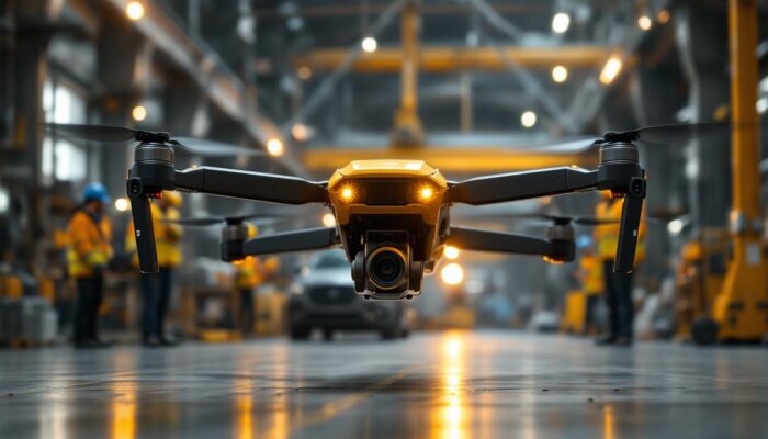 A photograph of a human-sized drone in an industrial setting