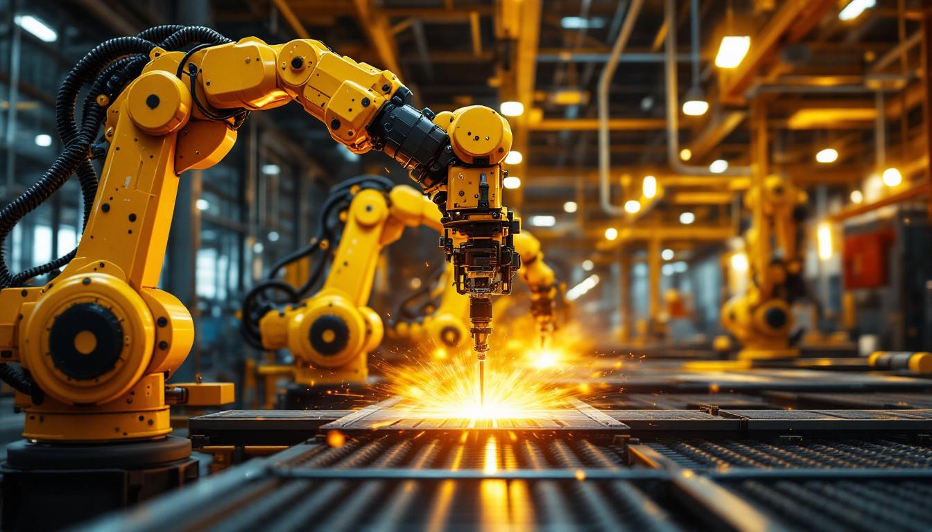 A photograph of a dynamic industrial setting featuring robotic arms in action