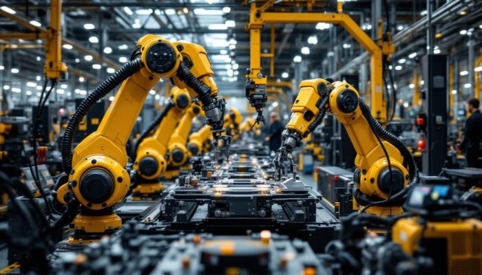 A photograph of a dynamic industrial setting showcasing advanced robotics in action