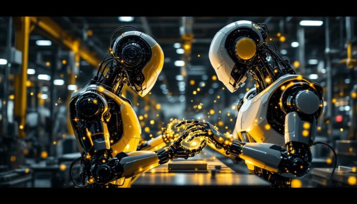 A photograph of a dynamic industrial setting where advanced ai technology and robotic systems are actively collaborating