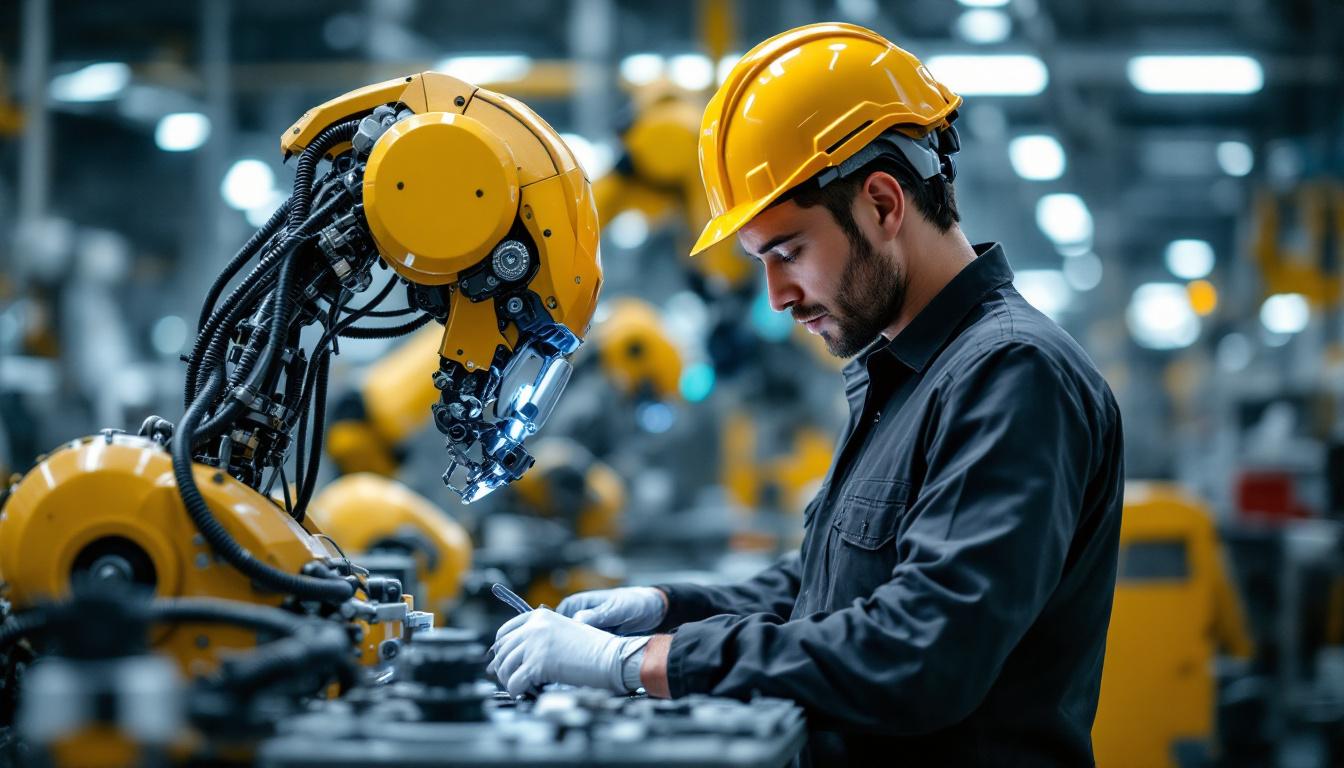 A photograph of a skilled mechanical engineer working alongside advanced industrial robots in a modern singaporean manufacturing facility