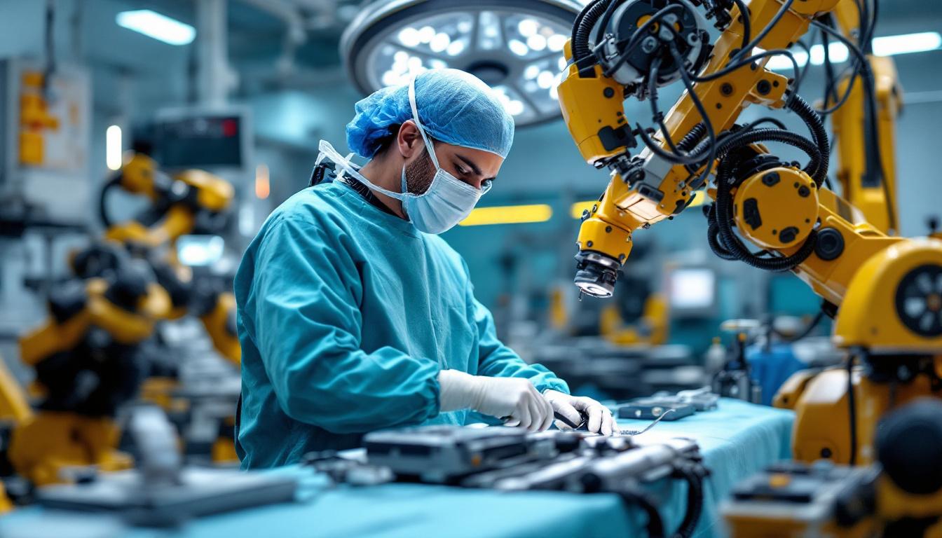 A photograph of a skilled surgeon using a state-of-the-art robotic surgical system in an operating room
