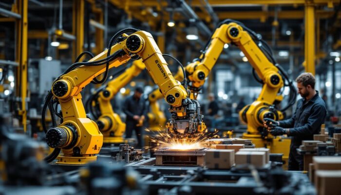 A photograph of capture a photograph of a modern industrial setting featuring robotic arms in action