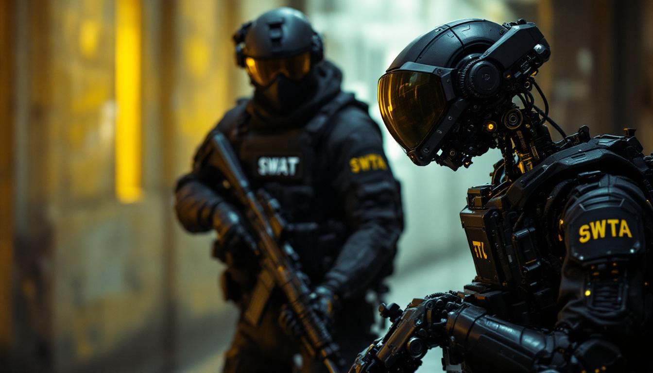 A photograph of capture a photograph of a virginia tech swat team in action alongside a cutting-edge industrial robot