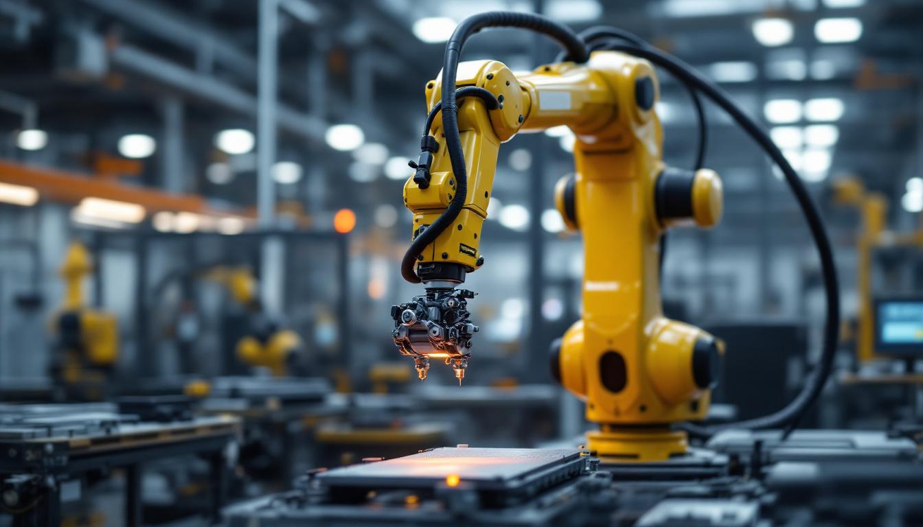 A photograph of a sleek industrial robotic arm in action within a modern manufacturing facility