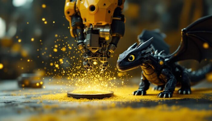A photograph of a dynamic scene featuring a robotic arm in action alongside a model of a dragon from "how to train your dragon