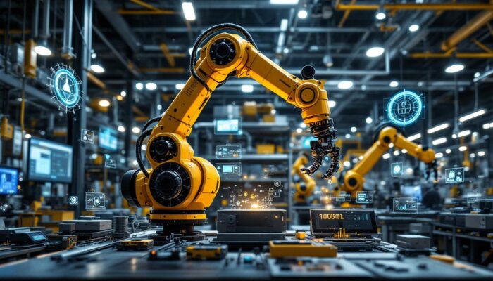 A photograph of a modern industrial setting showcasing a dynamic robotic arm in action