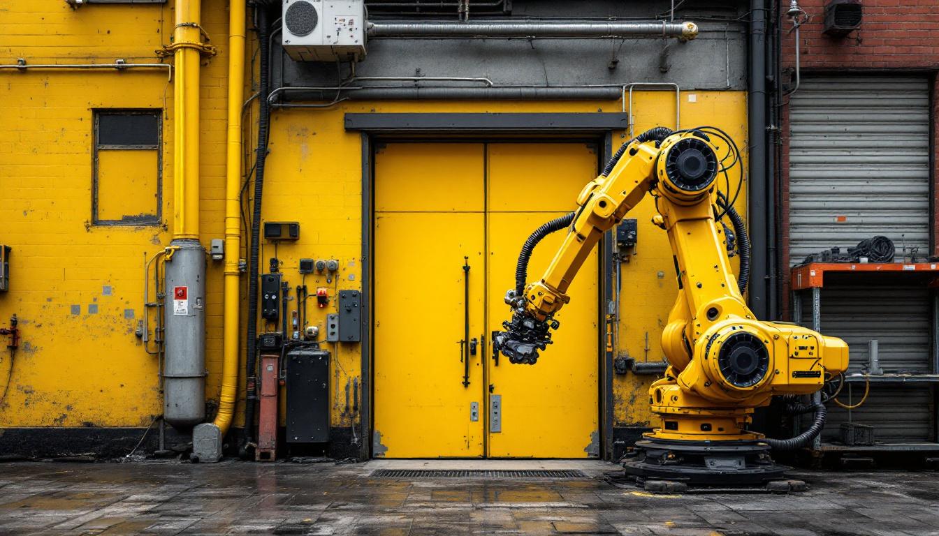 A photograph of capture a photograph of the vibrant yellow door of a boston industrial building
