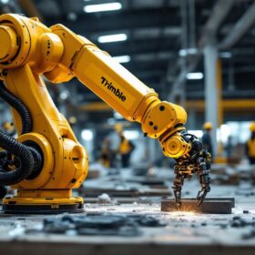 A photograph of a trimble industrial robotic arm in action on a construction site