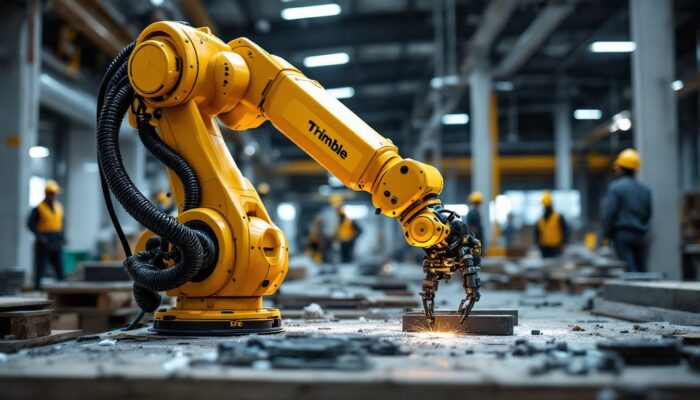 A photograph of a trimble industrial robotic arm in action on a construction site