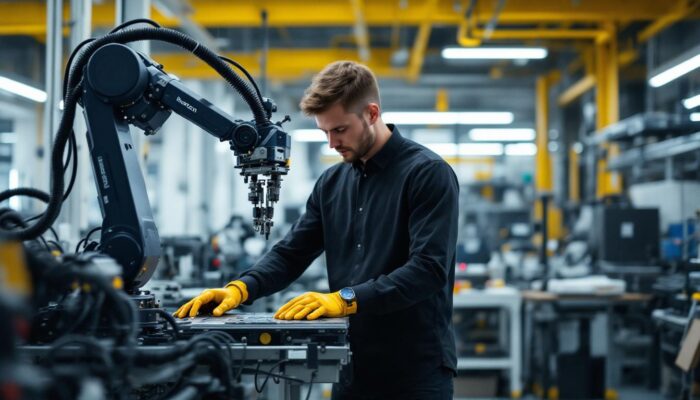 A photograph of a mechanical engineering intern working hands-on with industrial robotics in a modern lab setting