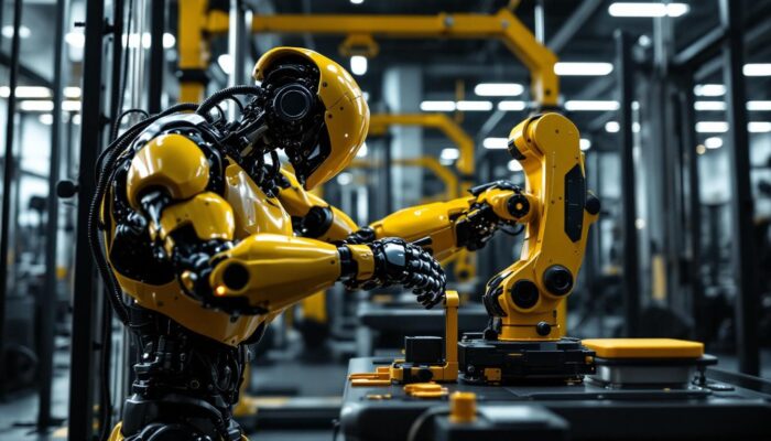 A photograph of a dynamic industrial setting showcasing a robotic arm in action