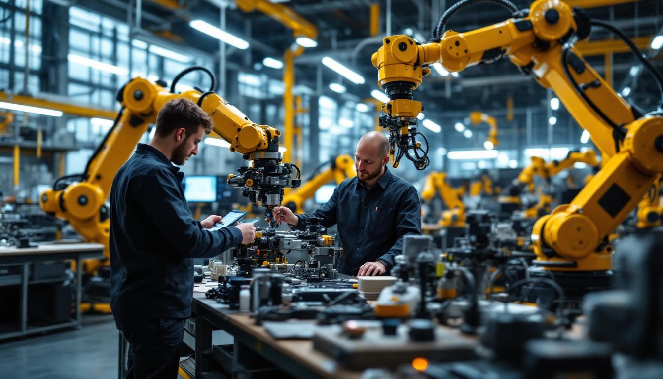 A photograph of a dynamic industrial robotics workspace at the space dynamics lab