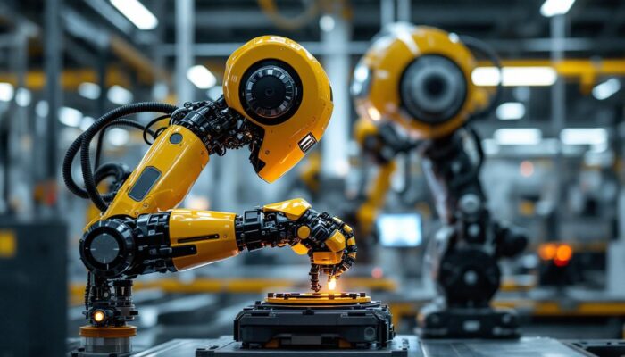 A photograph of a high-tech industrial robot equipped with advanced sensors in action