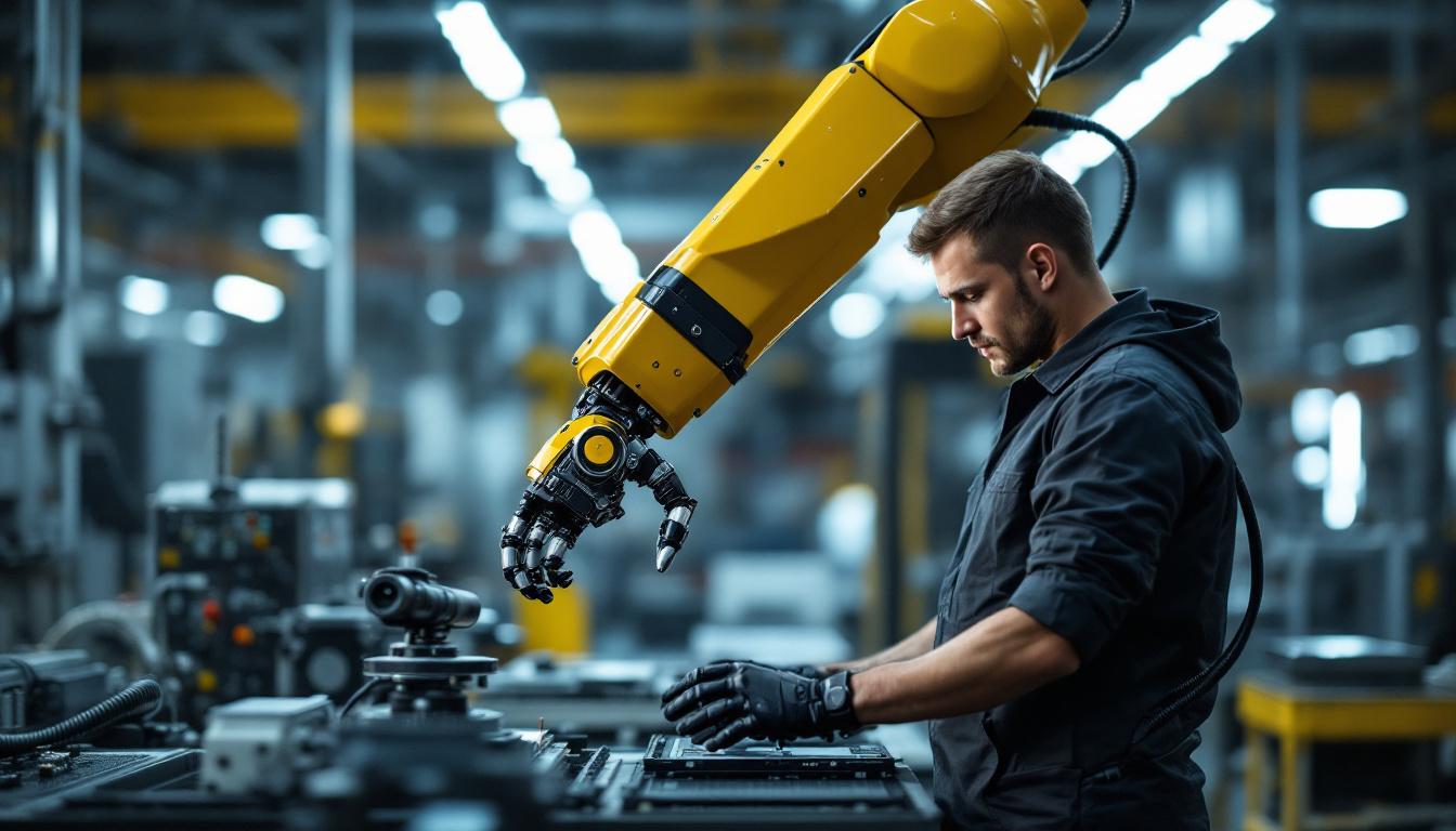 A photograph of a skilled technician demonstrating the precision and versatility of a bionic robotic arm in an industrial setting