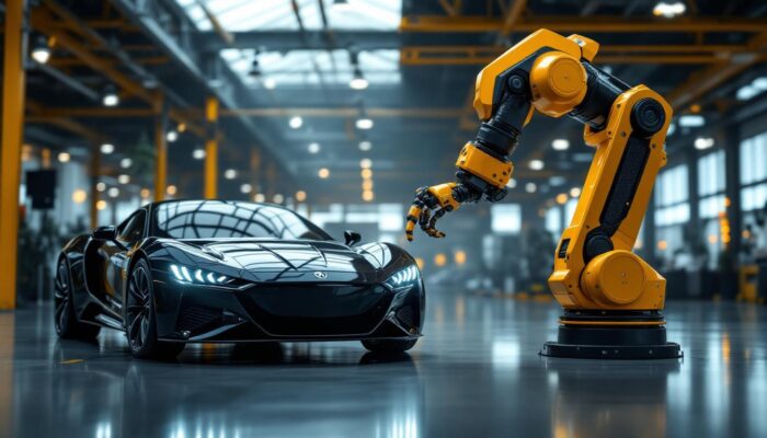 A photograph of a dynamic automotive sales environment featuring a sleek vehicle prominently displayed alongside an industrial robot in action