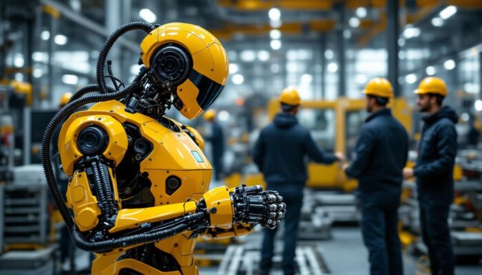 A photograph of a sleek industrial robot in action