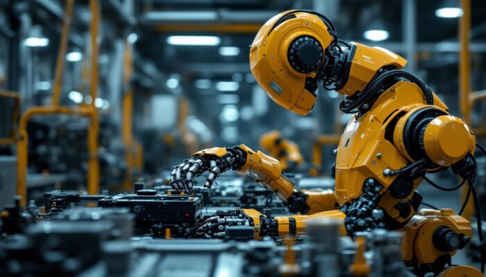 A photograph of a modern industrial robot in action within a manufacturing environment