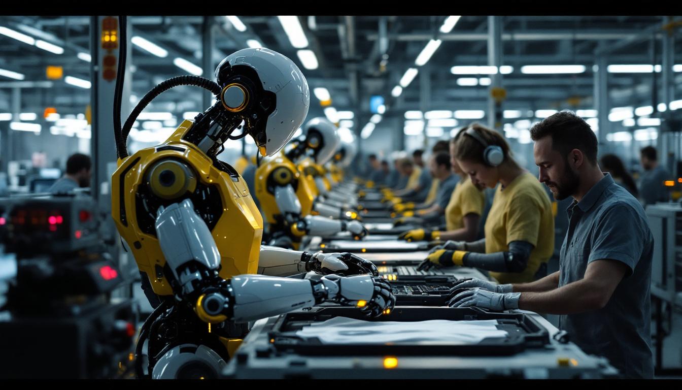 A photograph of a futuristic manufacturing facility where industrial robots are seamlessly working alongside human operators to produce high-tech
