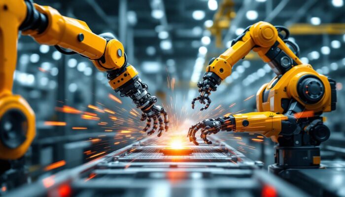 A photograph of a dynamic scene featuring both a fast robotic arm in action and an industrial robot working on a manufacturing line