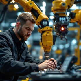 A photograph of a skilled engineer working on a robotic arm in a modern industrial setting