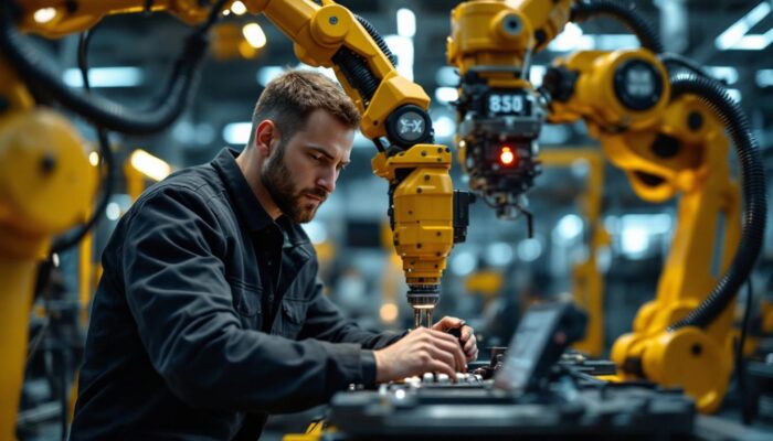 A photograph of a skilled engineer working on a robotic arm in a modern industrial setting