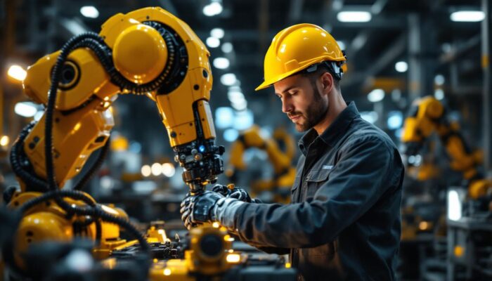 A photograph of a skilled engineer working alongside advanced industrial robots in a modern manufacturing environment
