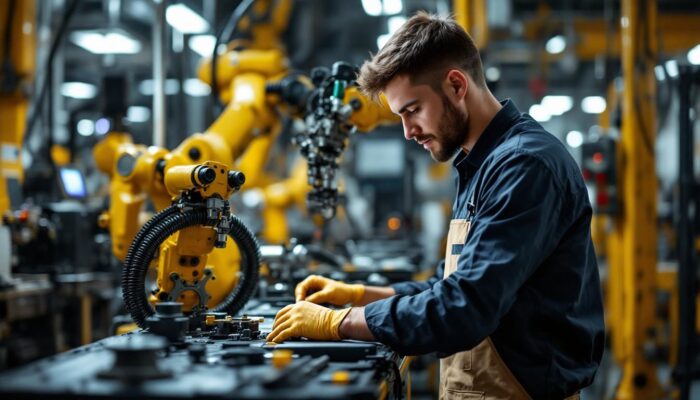 A photograph of a young mechanical engineer working on a robotic assembly line