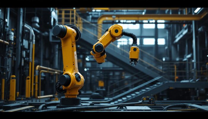 A photograph of a modern industrial robotic arm in action