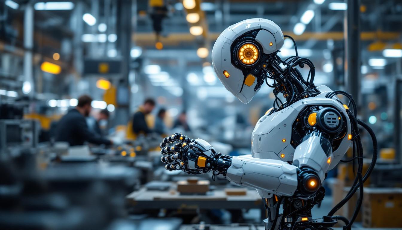 A photograph of a modern industrial robot in action within a manufacturing setting