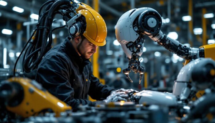 A photograph of a skilled technician working alongside an industrial robot in a modern manufacturing setting