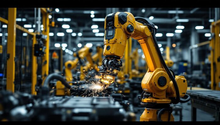 A photograph of a state-of-the-art industrial robot in action at orbit industries' los angeles facility