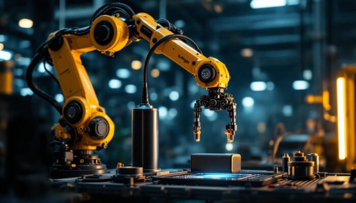 A photograph of a robotic arm in an industrial setting