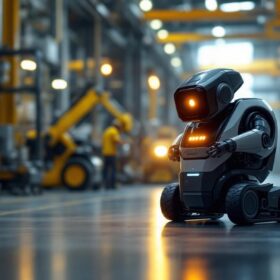 A photograph of a sleek mobile robot navigating an industrial environment