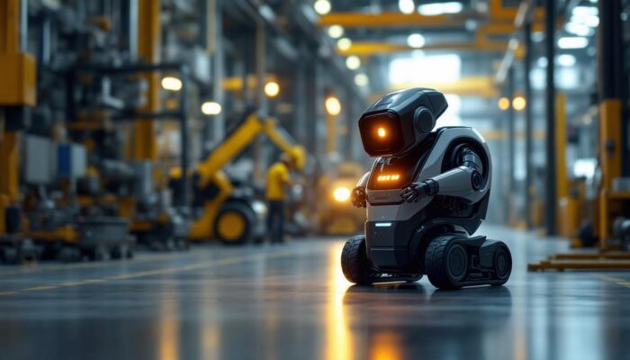 A photograph of a sleek mobile robot navigating an industrial environment