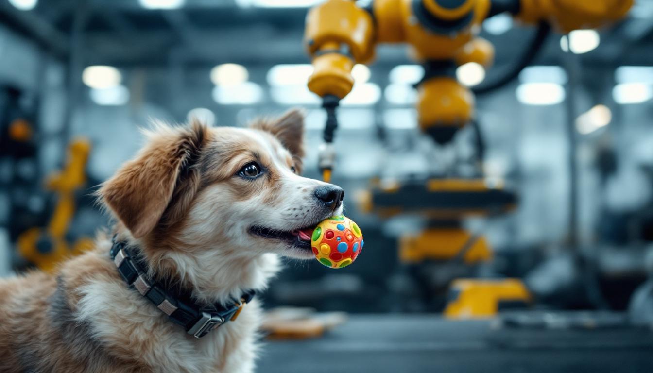 A photograph of a playful dog interacting with a colorful noise-making toy