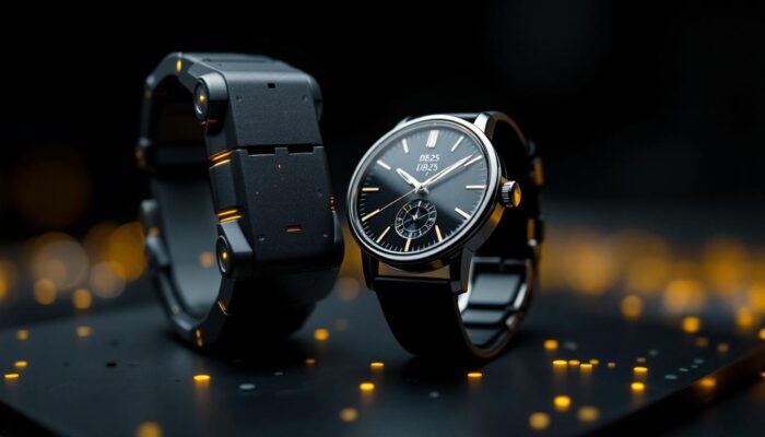 A photograph of a sleek db25 watch prominently displayed alongside a modern industrial robot