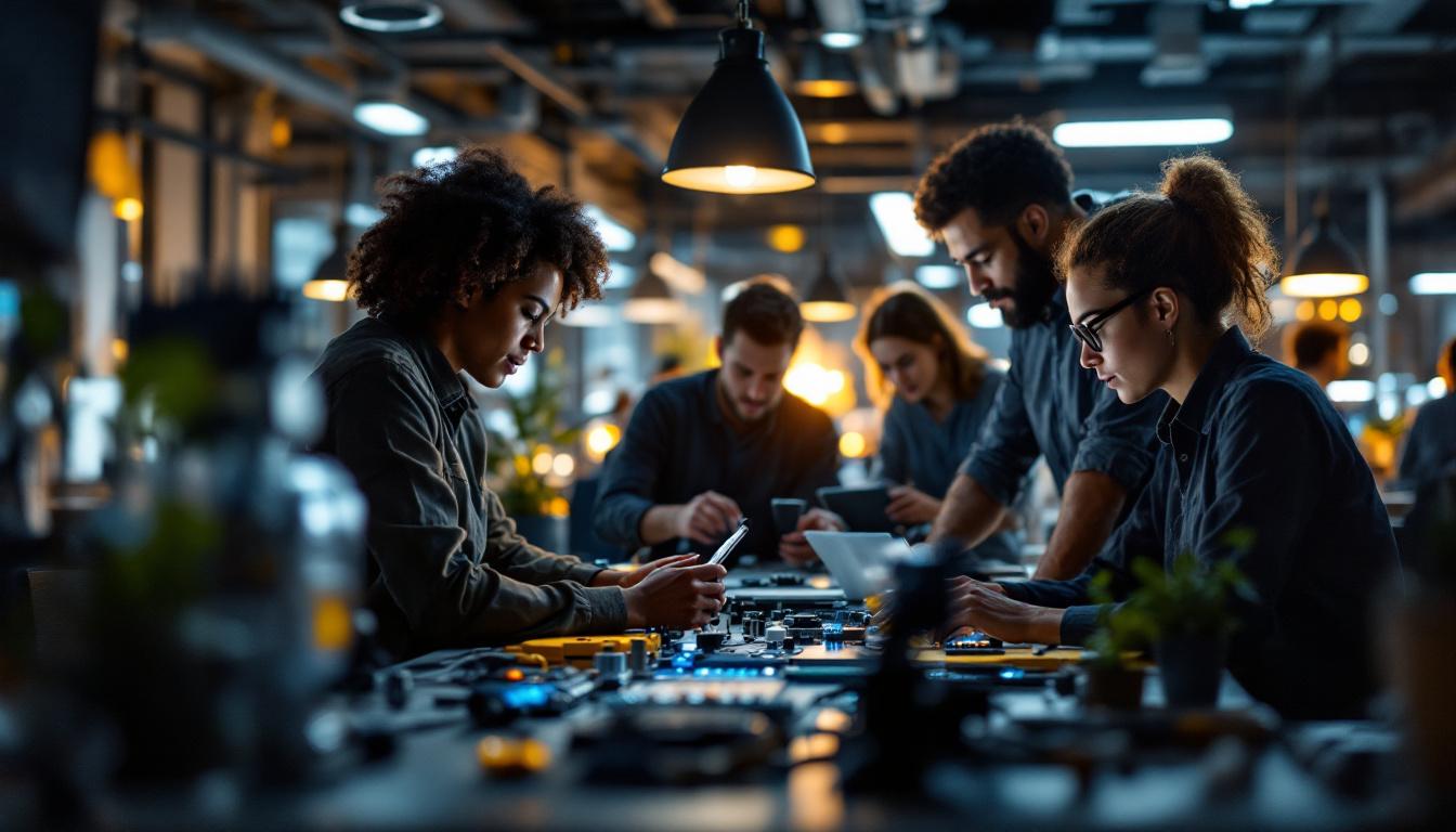 A photograph of a dynamic scene showcasing a diverse group of professionals collaborating on industrial robotics in a modern boston tech workspace