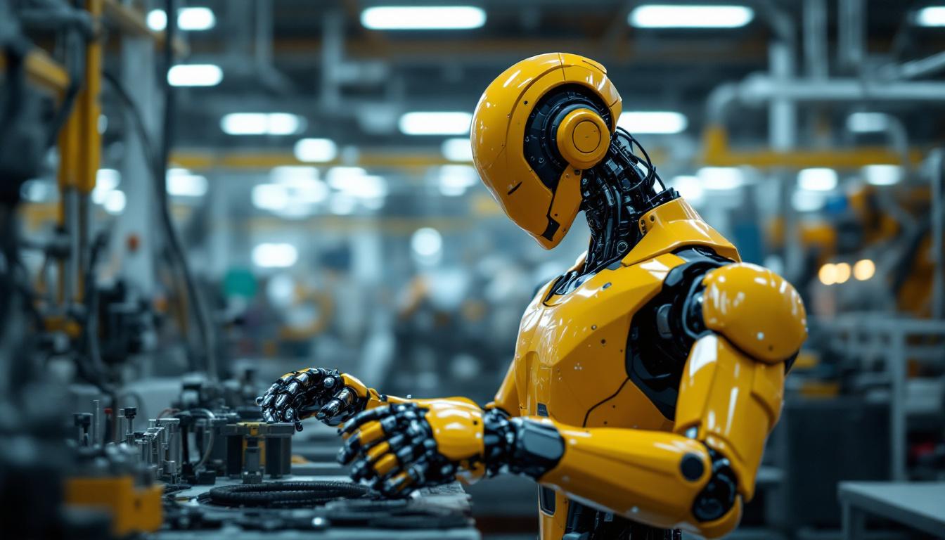 A photograph of a sleek industrial robot in action within a modern manufacturing environment