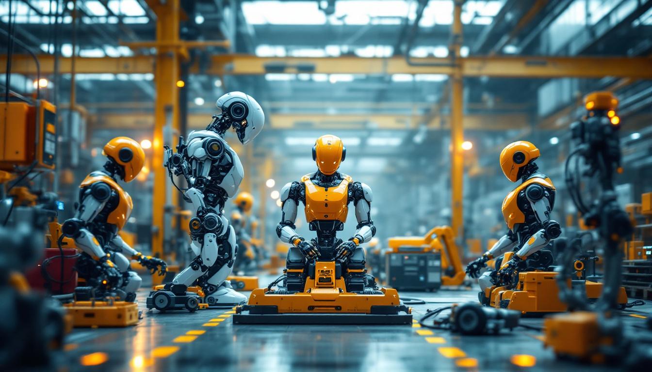A photograph of a dynamic industrial setting that showcases various types of robots in action