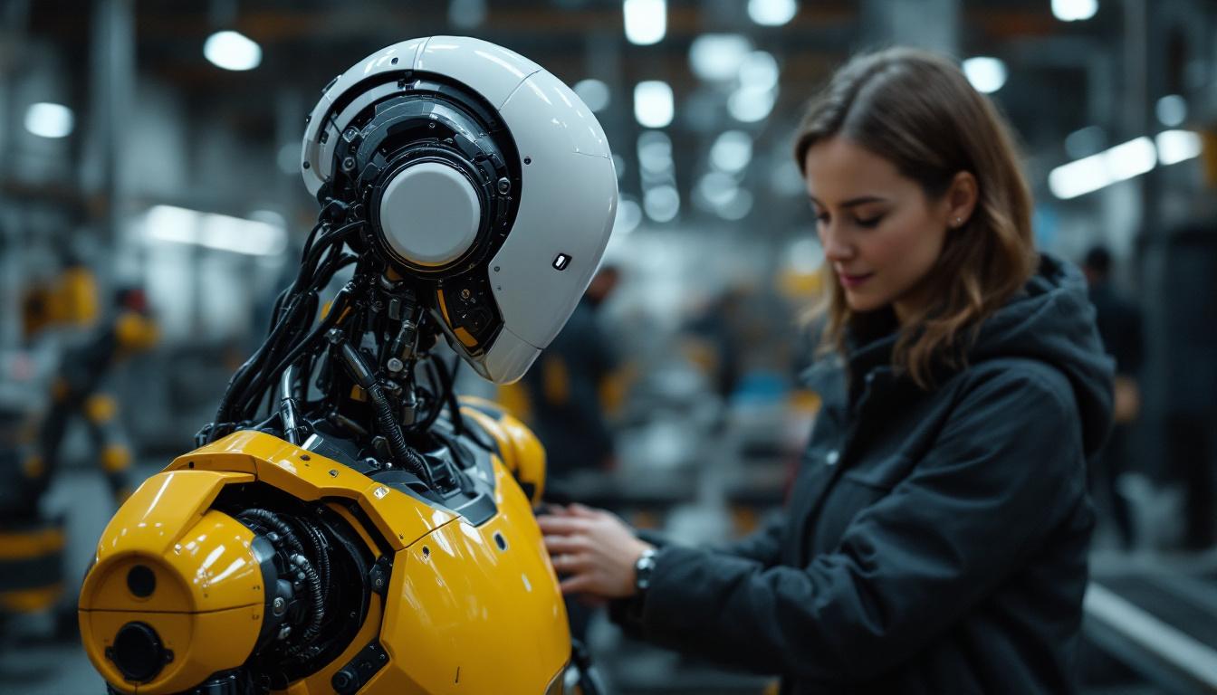 A photograph of capture a photograph of a collaborative robot (cobot) working alongside a human in an industrial setting