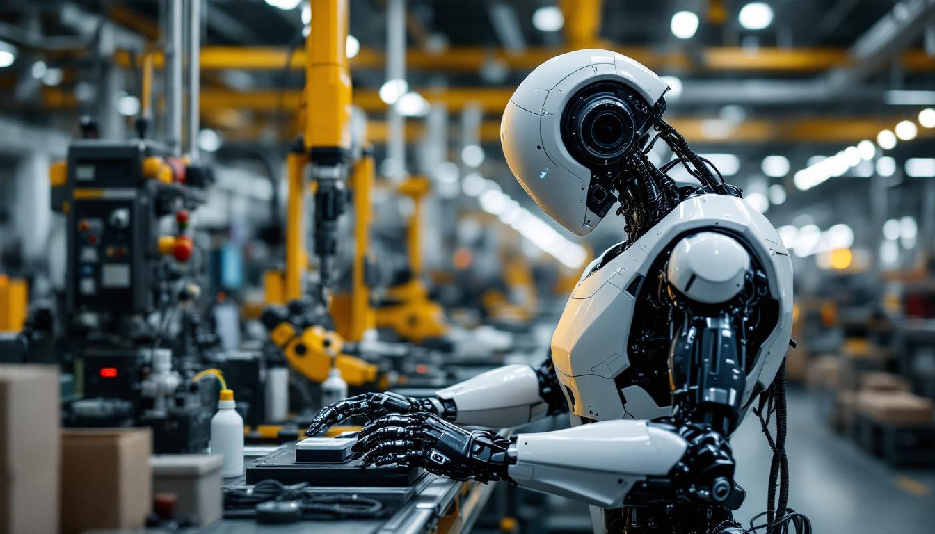 A photograph of a sleek industrial robot in action within a modern manufacturing facility