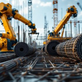 A photograph of a construction site showcasing rolls of rebar alongside an industrial robotic arm in action