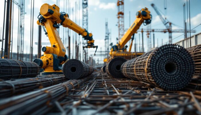 A photograph of a construction site showcasing rolls of rebar alongside an industrial robotic arm in action