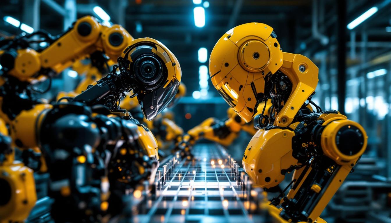 A photograph of a dynamic scene showcasing the atlas robot in action alongside industrial robots in a modern manufacturing environment
